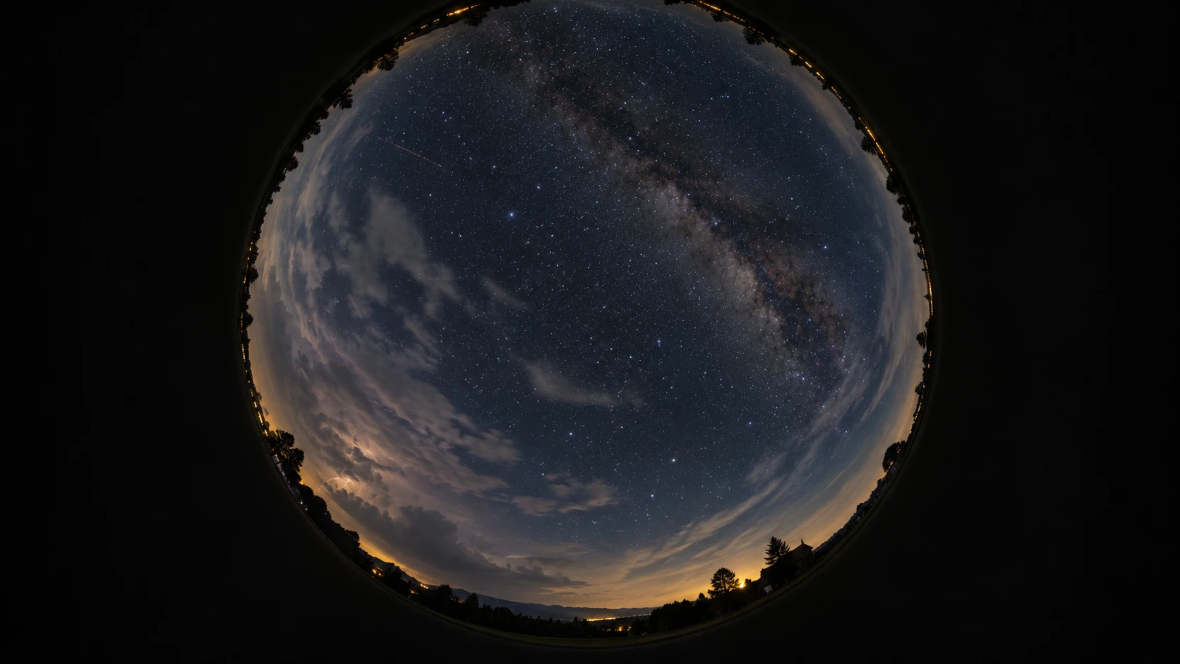 Concept image of a 180-degree all-sky view with clouds, stars, lightning and aircraft