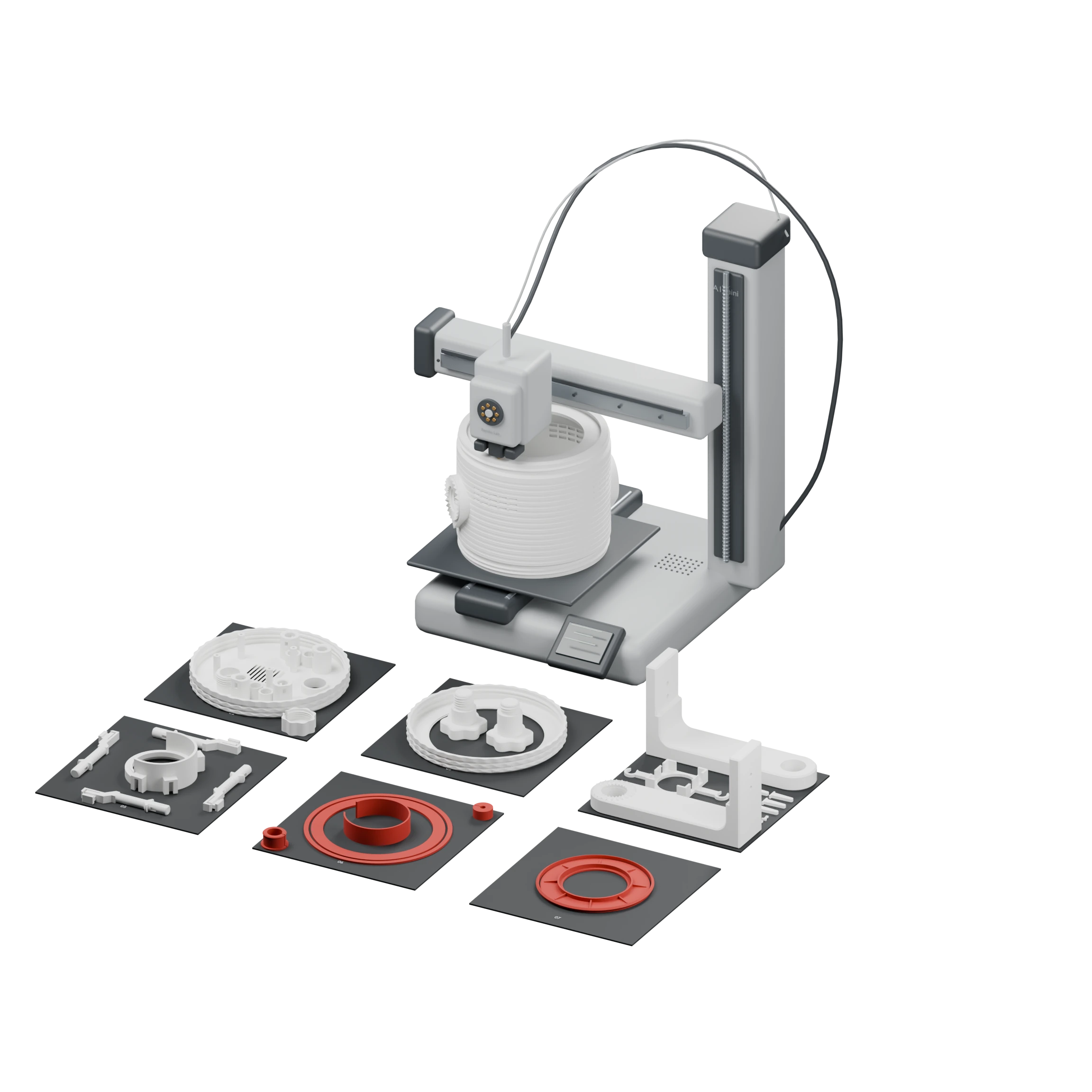 Manufacturing scene with a Bambu Lab A1 mini printing the new matte white housing, with the updated white PETG and red TPU parts arranged on trays