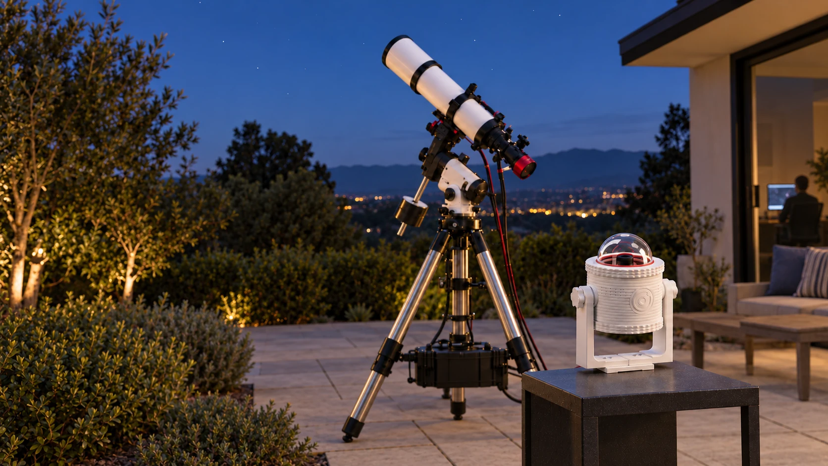 Concept image: telescope and white Universe Deck in a patio, operated from a computer inside the house