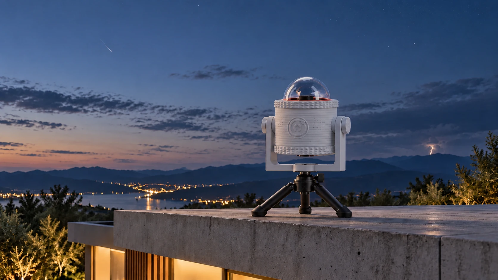 Concept image: white Universe Deck on a low tripod on a rooftop, with part of the house, clouds, lightning and Perseid meteors