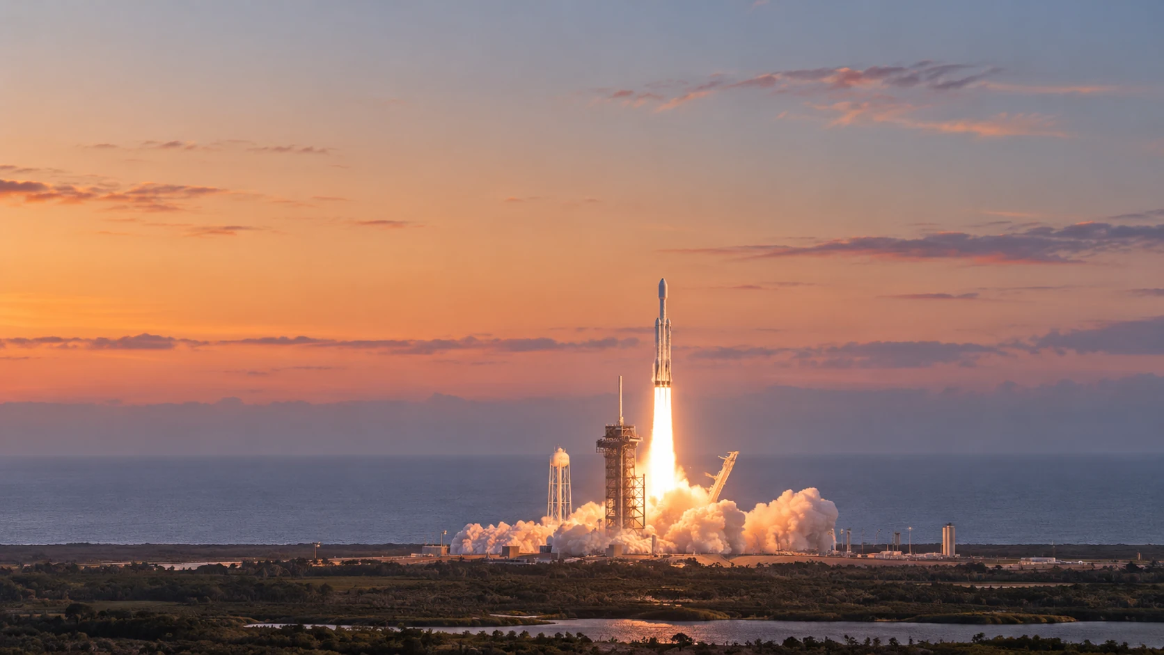 Concept image: a distant rocket launch at sunset