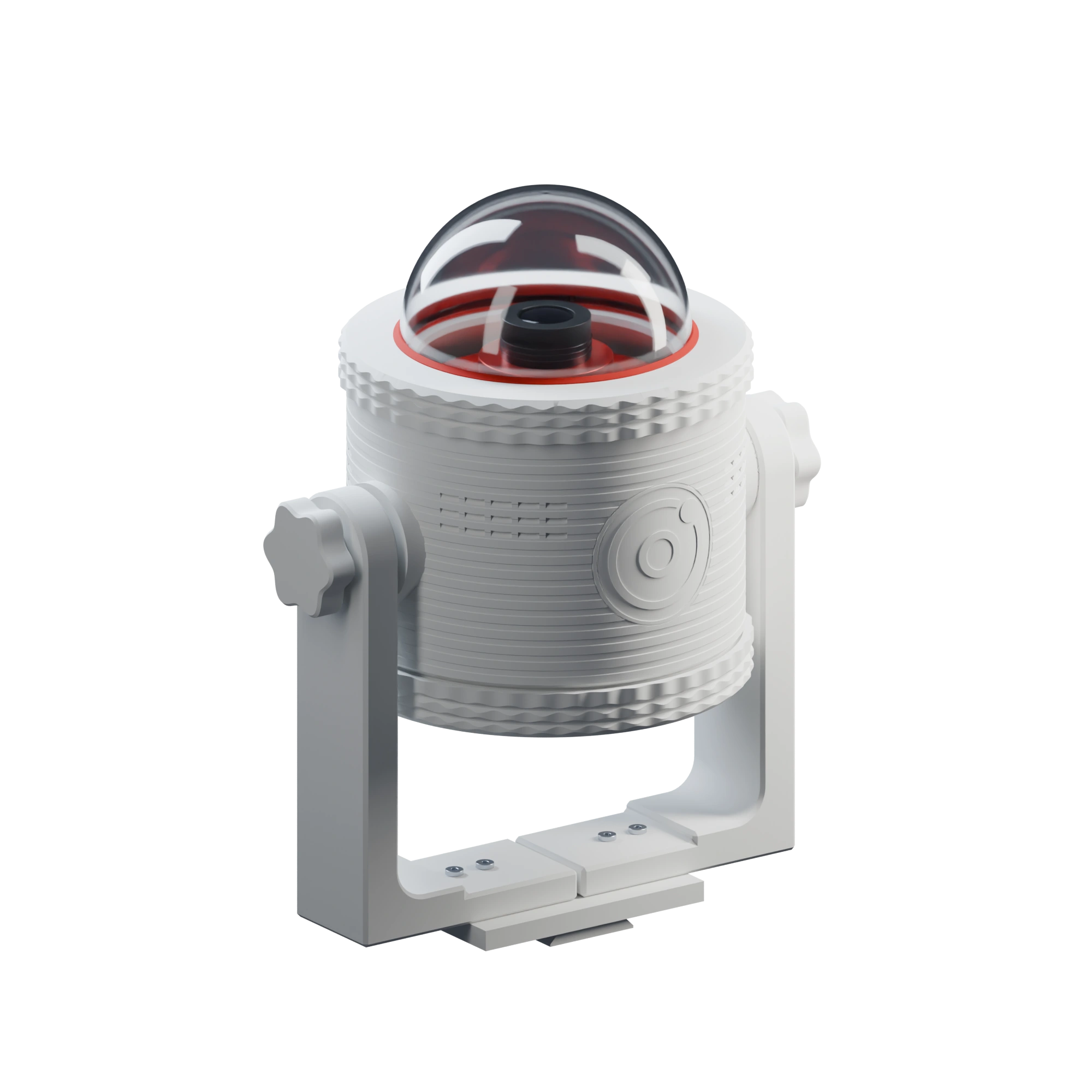 Universe Deck all-sky camera fully assembled: matte white housing, red details, clear dome and adjustable mount